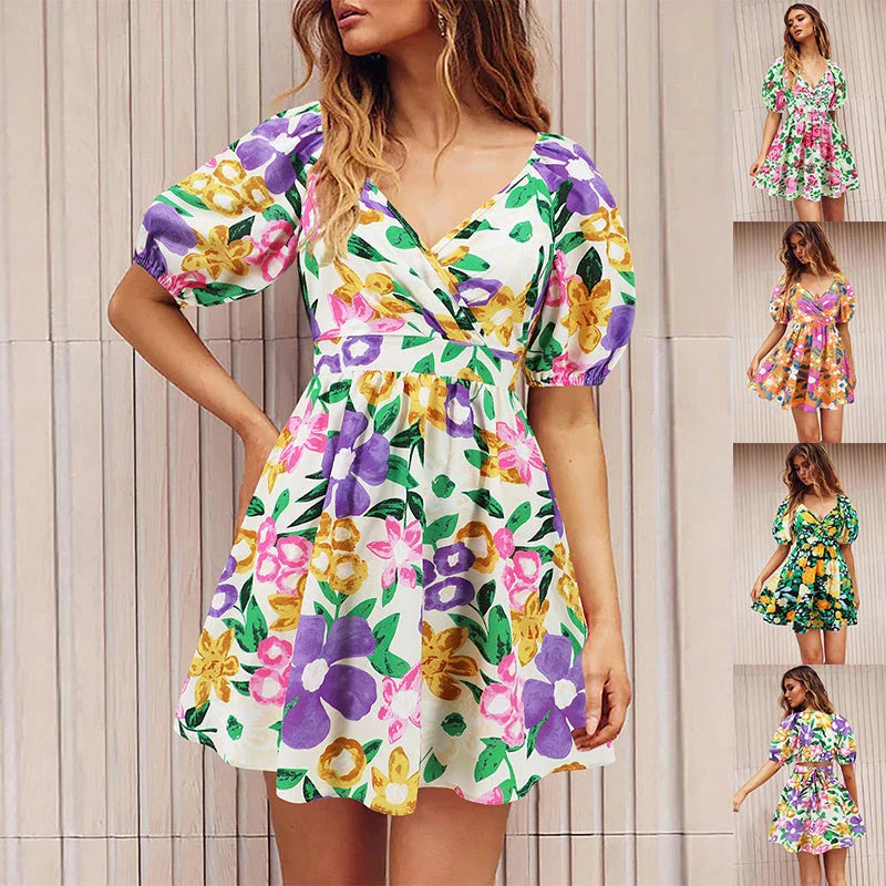 Floral print Y2K summer beach dress with lantern sleeves, v-neck, and stretchy waistline