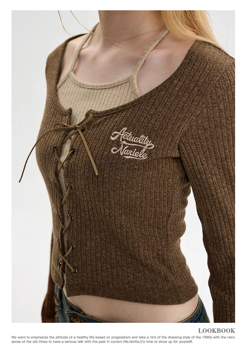 Stylish knitted cardigan with embroidered accent in gray and coffee colors, featuring a cosy, long-sleeved design and relaxed, short fit for women