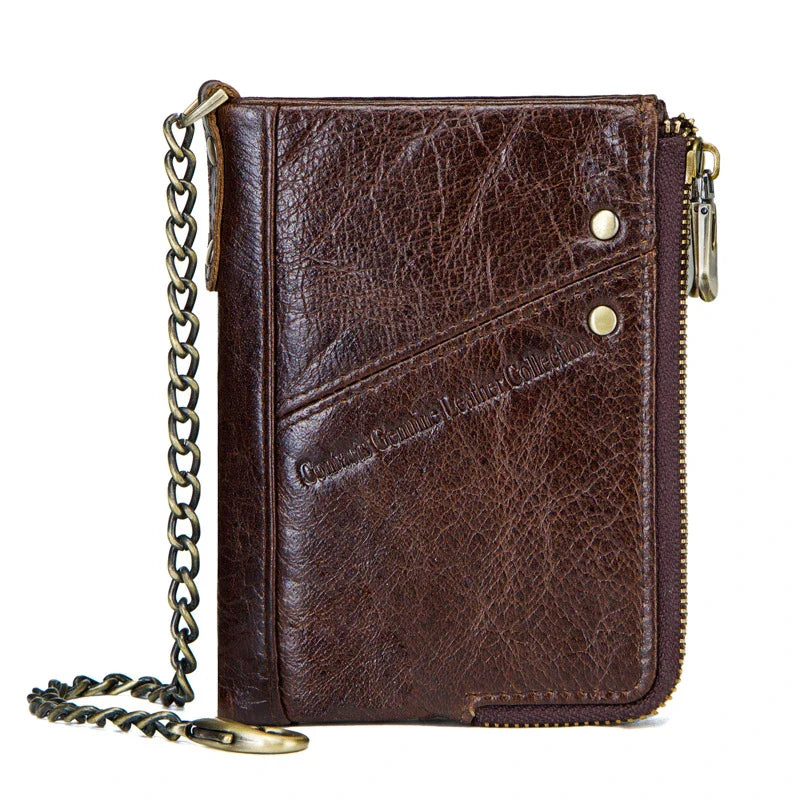 Premium cowhide leather coin purse with double-zipper closure, ideal for Kiwi blokes to organise their coins, cards, and other small essentials