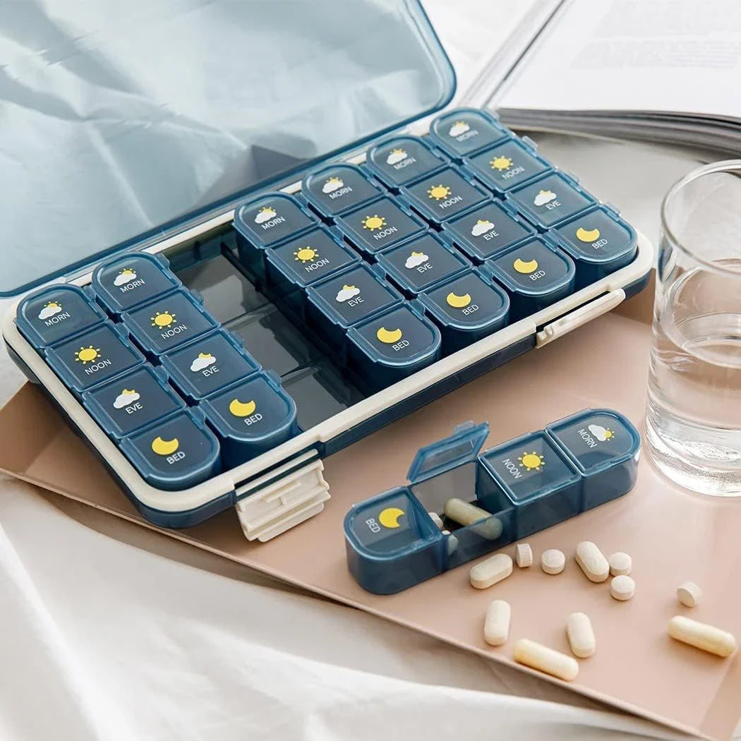 Weekly pill organiser with 28 compartments for storing daily medications, vitamins, and supplements