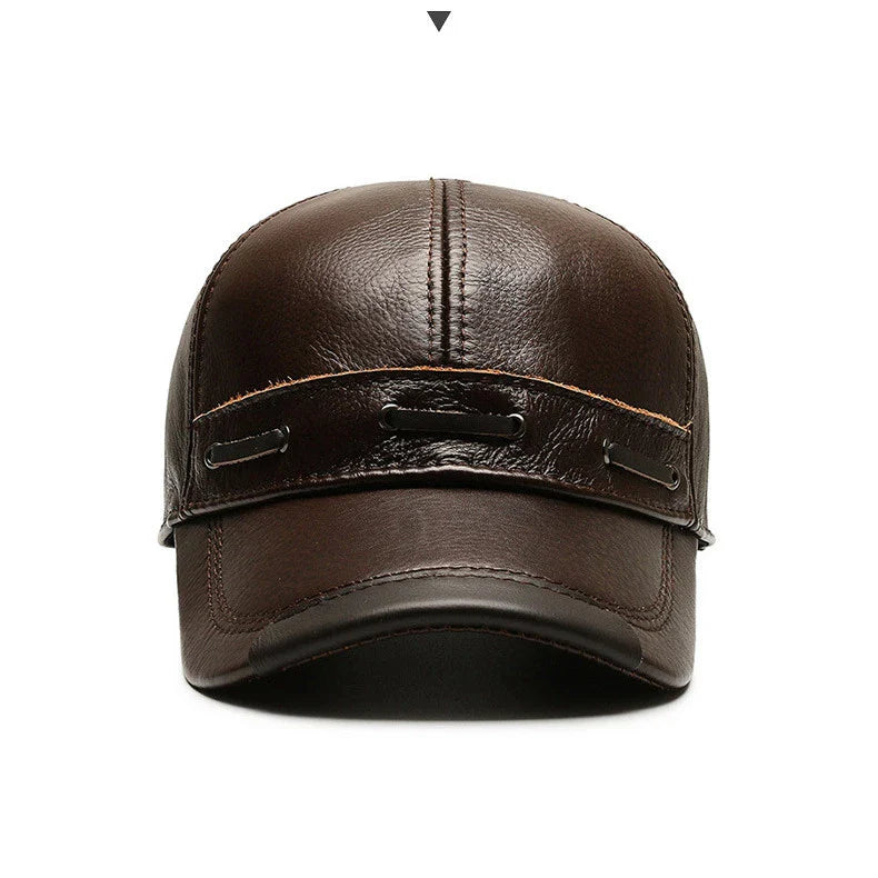 A classic retro-inspired peaked cap made from premium cowhide, providing windproof and thermal protection for Kiwi men.