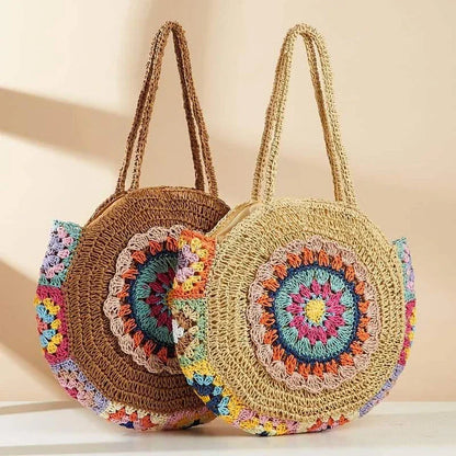 Colorful woven casual beach shoulder bag with unique crochet design and vibrant stripes