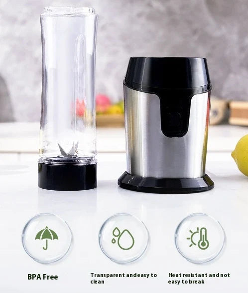 Versatile Juicer and Food Processor with stainless steel construction, compact design, and travel-friendly cup