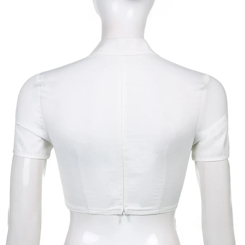 Stylish Hong Kong-inspired suit set with lace-up cheongsam collar and high-waist skirt in white polyester fabric