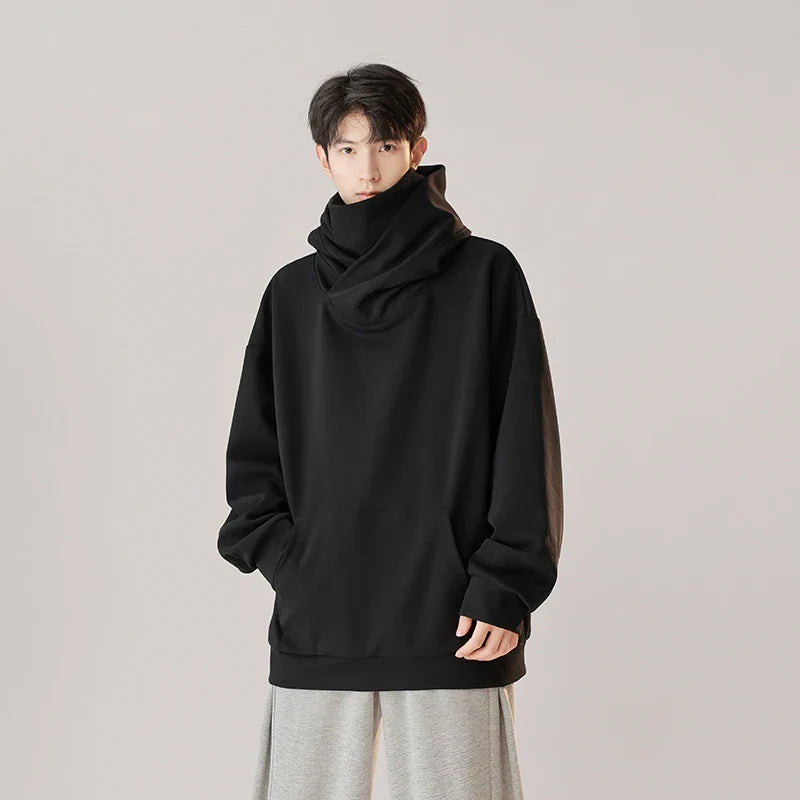 Hooded pullover sweater in snow gray, cloud gray, god gray, and matte black colors with a mechanical-inspired design for men and women