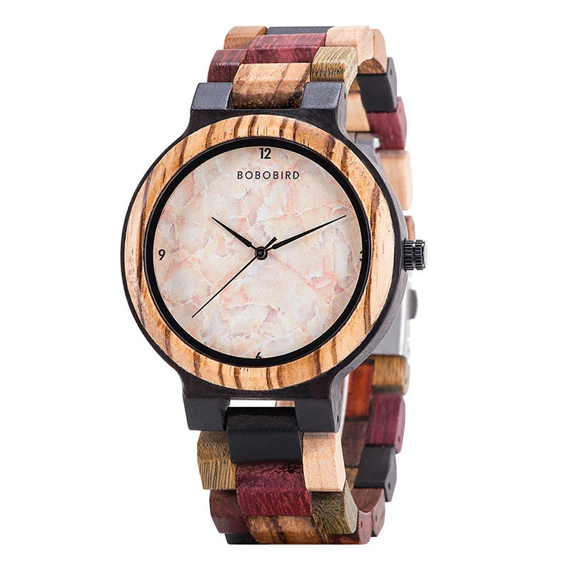 A close-up view of a stylish wooden watch with a minimalist design, showcasing the natural beauty of the wood material.