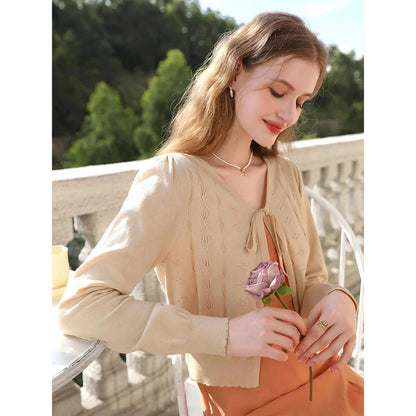 Apricot V-Neck French Knit Cardigan with Geometric Jacquard Pattern and Full-Length Sleeves