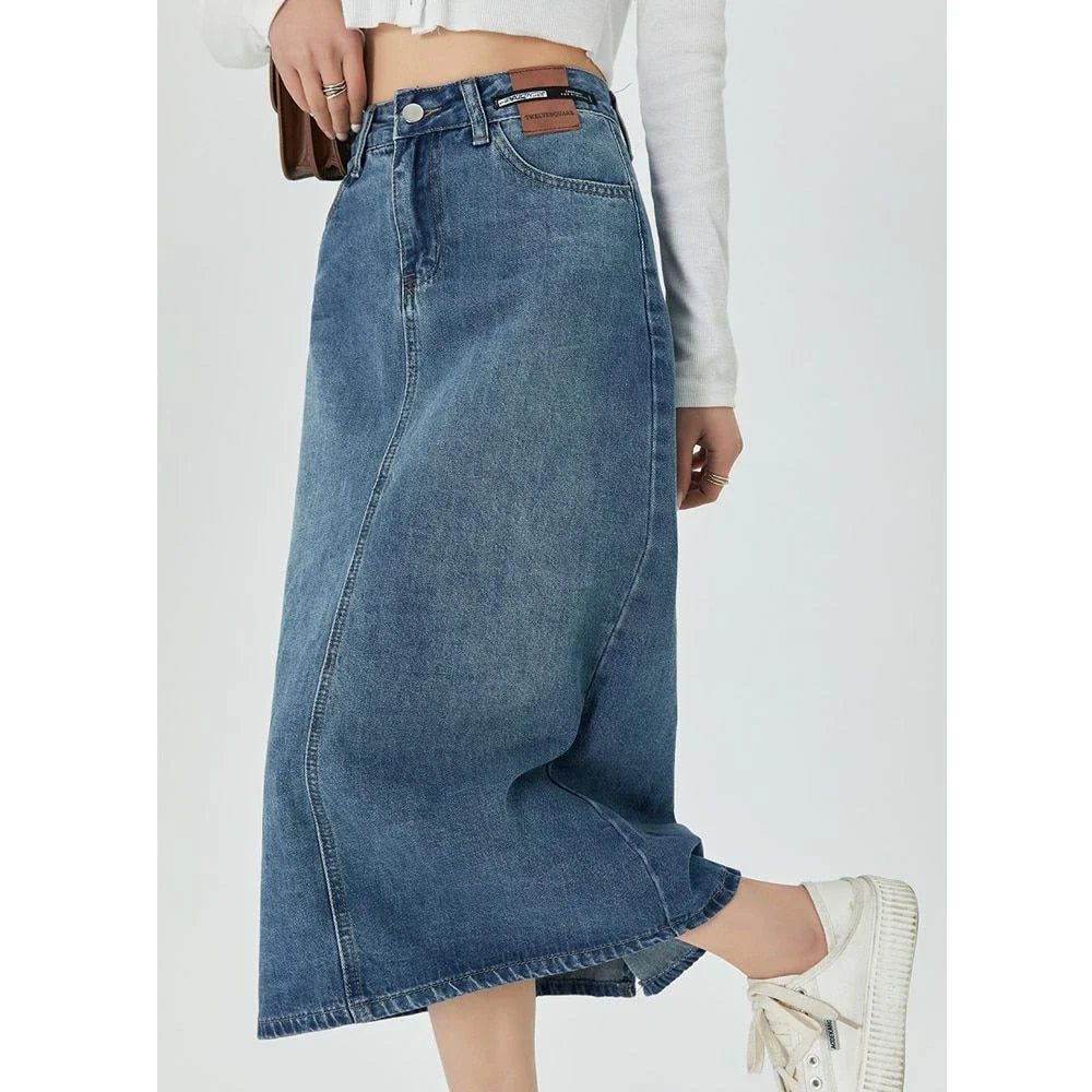 Timeless and Comfortable Kiwi-Chic A-Line Midi Denim Skirt - A versatile and stylish denim skirt with a classic A-line silhouette and mid-calf length