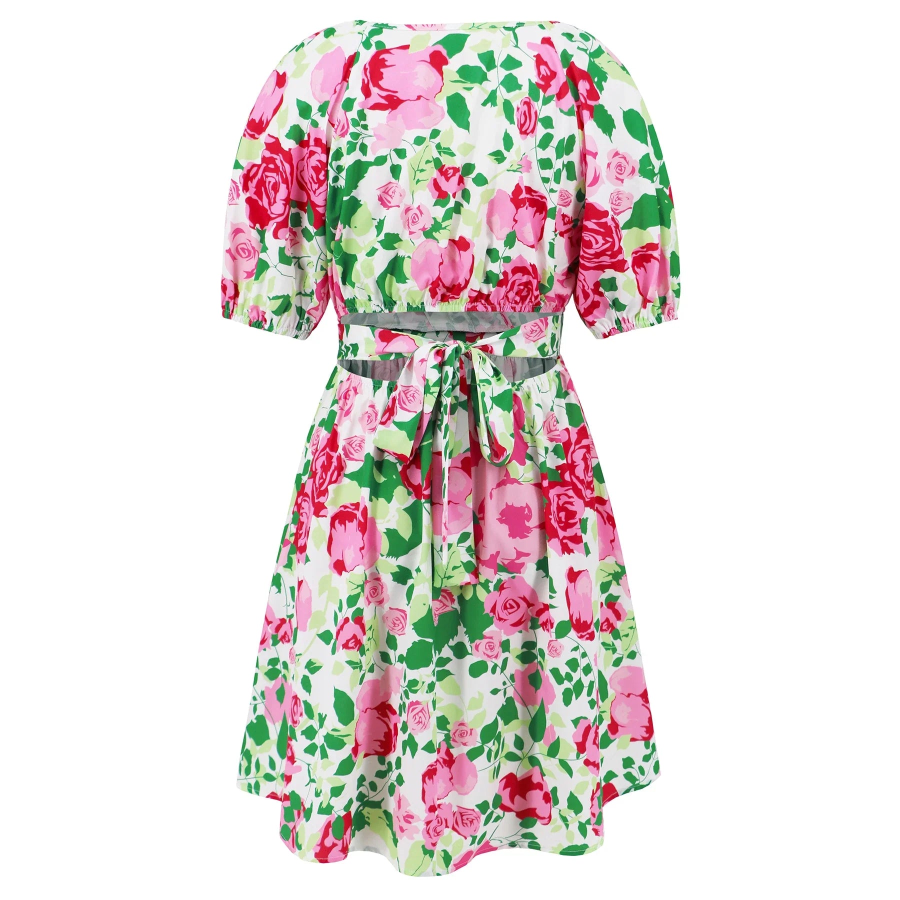 Floral print Y2K summer beach dress with lantern sleeves, v-neck, and stretchy waistline