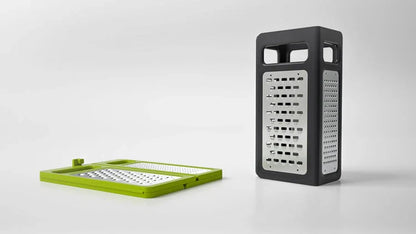 Premium stainless steel foldable cheese grater with ergonomic rubber handle for easy grating, slicing, and shredding of cheese, vegetables, and more