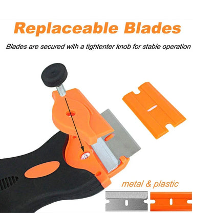 Multi-purpose razor scraper tool with ceramic blades for scratch-free cleaning on glass, vinyl, and other surfaces