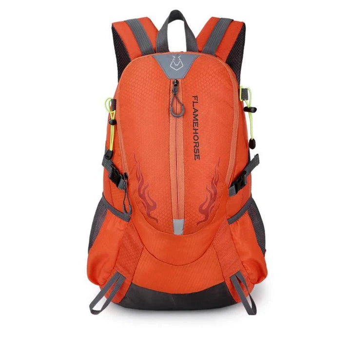 A versatile outdoor backpack made of waterproof nylon, featuring a dedicated laptop compartment, breathable mesh back panel, and adjustable straps for comfort and organization.