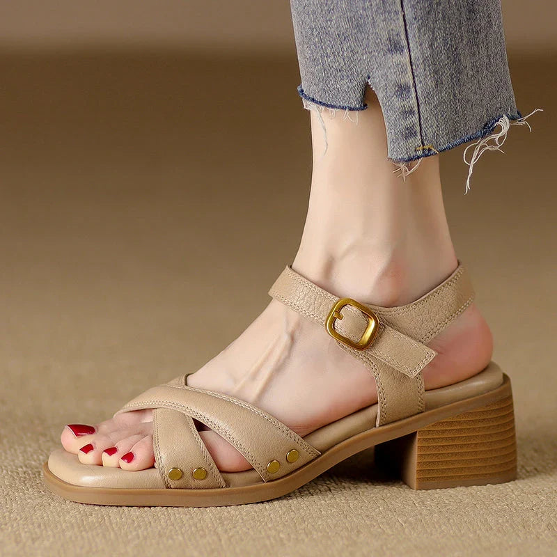 Timeless Kiwi Sandals: Buckle Up for Summer Style - Premium genuine leather sandals with adjustable buckle strap and square heels for effortless Kiwi-inspired fashion