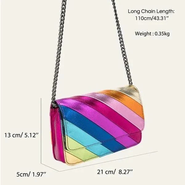 Stylish striped flap handbag with chic metal chain in vibrant colours, perfect for everyday use and special occasions.