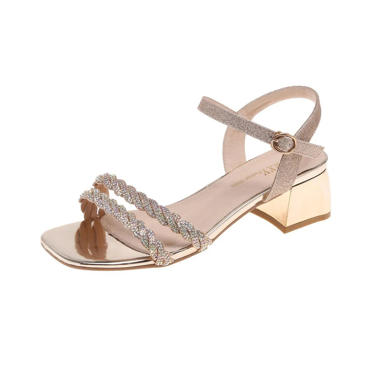 Stylish high-heeled sandals with thick soles in silver and gold colors, perfect for fashionable women in New Zealand.