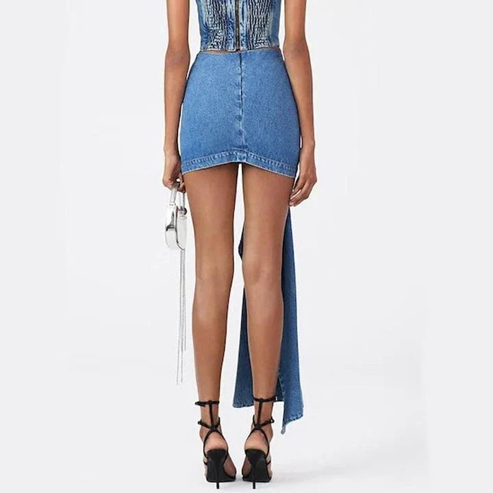 Stylish high-waisted blue denim skirt with a 3D rose detail, perfect for summer fashion