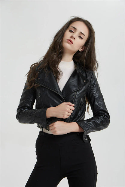 Stylish women's short jacket with washed leather and rivet detailing, perfect for elevating your street style in New Zealand fashion.