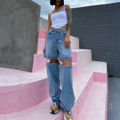 Wide-leg denim pants in classic blue, featuring a high-waisted, flattering silhouette and slightly elastic waistband for Kiwi-cool comfort and style.