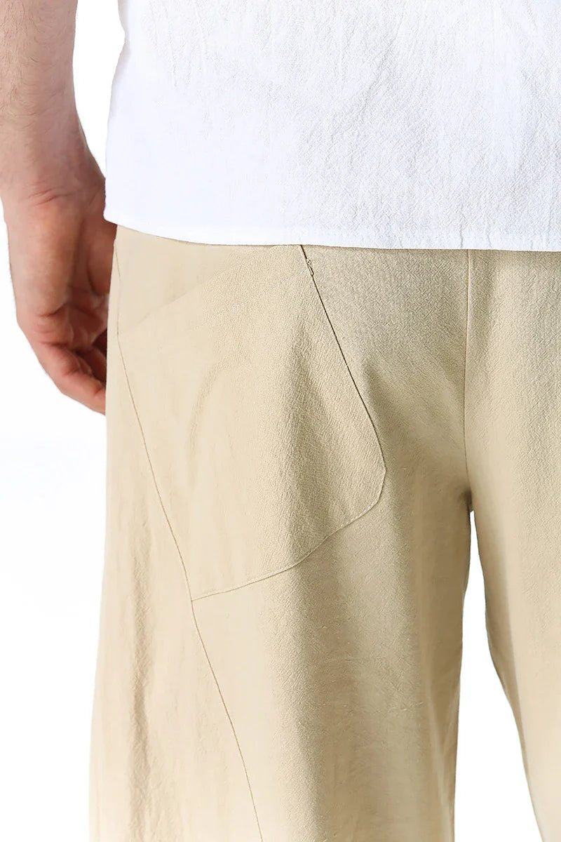 Kiwi-made casual trousers in a linen-cotton blend, featuring a relaxed, straight-leg fit and a variety of classic Kiwi colours.