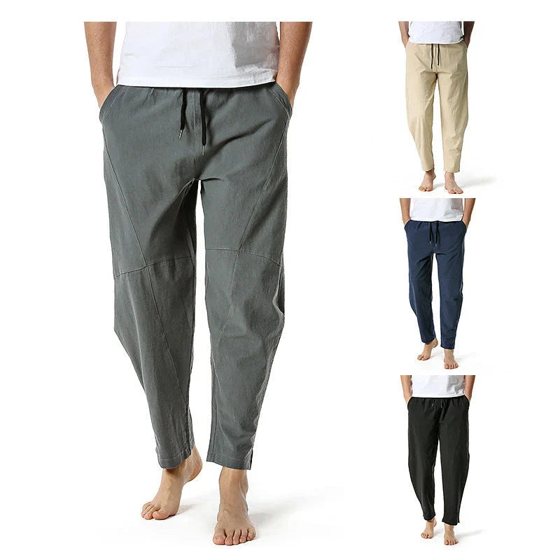 Kiwi-made casual trousers in a linen-cotton blend, featuring a relaxed, straight-leg fit and a variety of classic Kiwi colours.