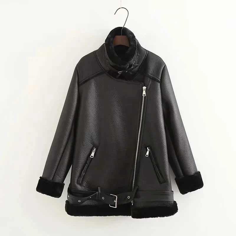 Shopprimex NZ Stylish Women's Leather Jacket with Trendy Belt