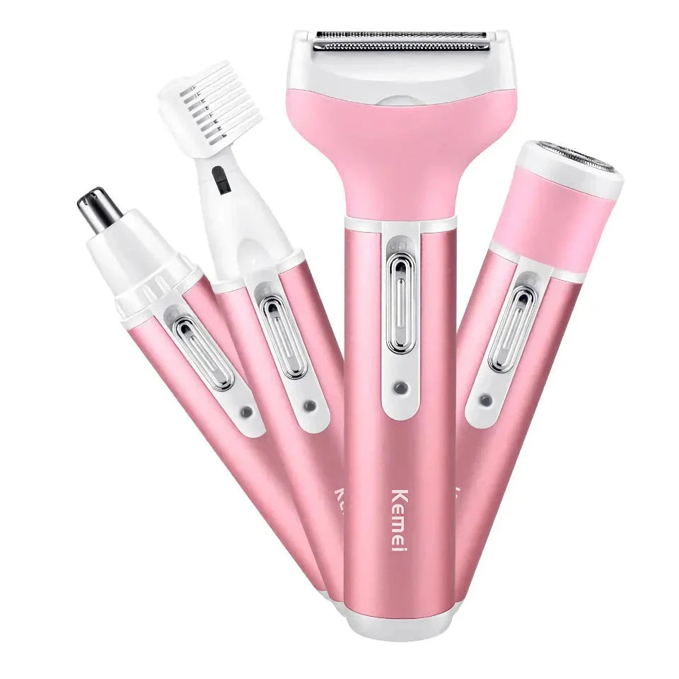 A pink 4-in-1 electric lady shaver with four interchangeable heads for versatile hair removal on the face, body, and bikini area