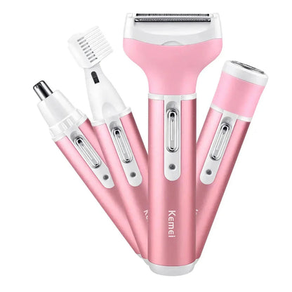 A pink 4-in-1 electric lady shaver with four interchangeable heads for versatile hair removal on the face, body, and bikini area