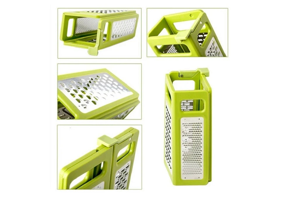 Premium stainless steel foldable cheese grater with ergonomic rubber handle for easy grating, slicing, and shredding of cheese, vegetables, and more