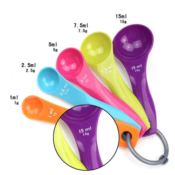 A set of colorful, eco-friendly measuring spoons with clear markings for accurate ingredient measurement