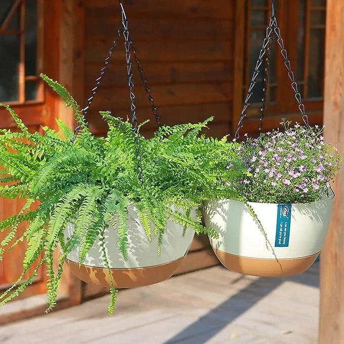 A set of modern, durable hanging flower pots in a natural, uncoated finish for indoor or outdoor use