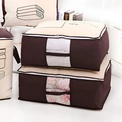 Foldable under bed storage bag made of moisture-proof non-woven fabric with double zippers and transparent window for easy access and identification of contents