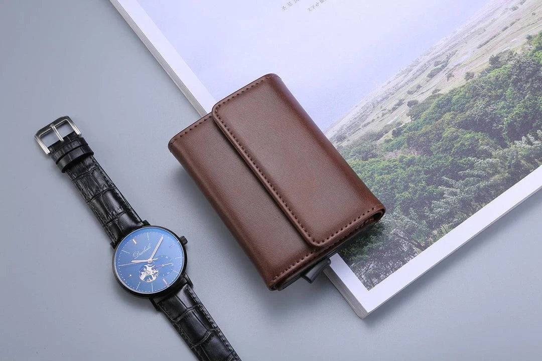 A stylish tri-fold wallet made of premium PU leather, featuring a magnetic buckle closure and available in a range of classic Kiwi-approved colors.