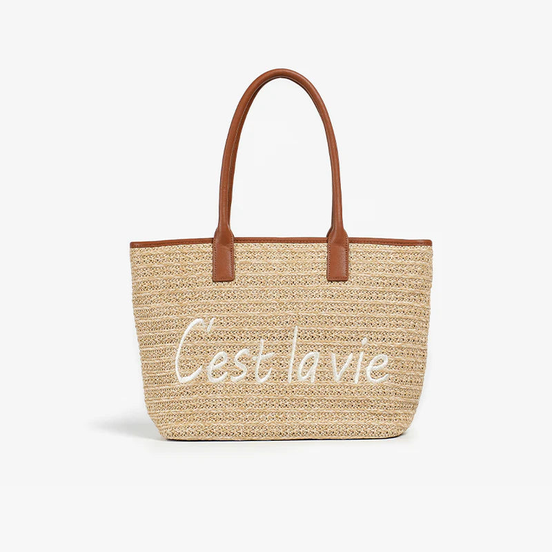 Stylish straw tote bag with trendy letter decoration, perfect for Kiwi women's casual summer style