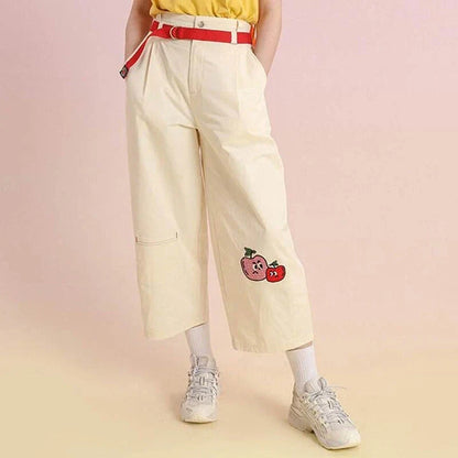 High-waist cotton capri trousers with cartoon fruit embroidery, perfect for casual New Zealand style