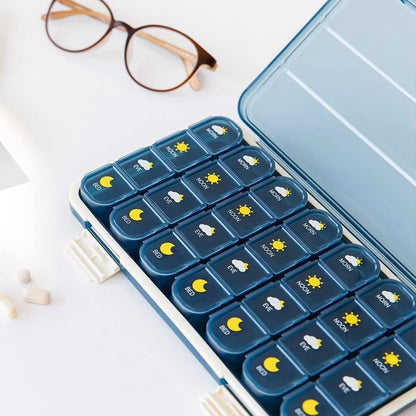 Weekly pill organiser with 28 compartments for storing daily medications, vitamins, and supplements