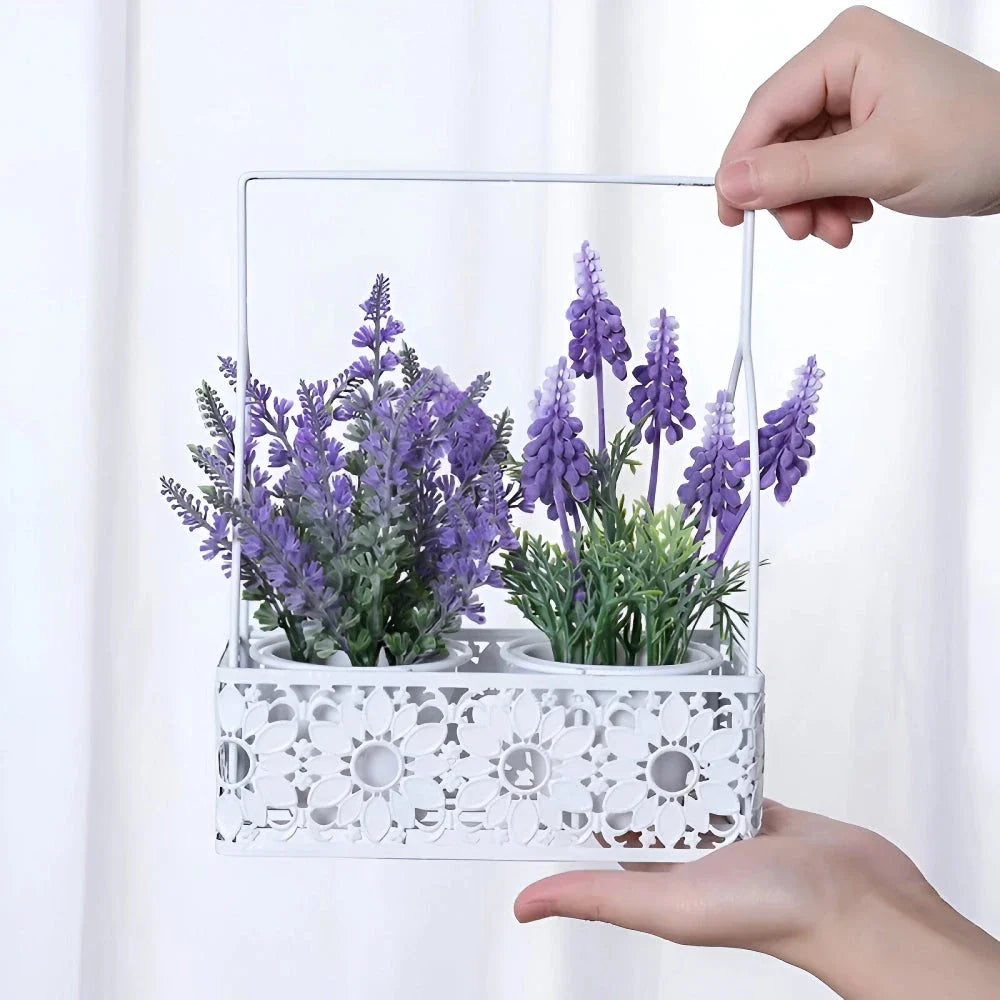 Artificial lavender arrangement in a rustic iron flower basket, creating a serene and natural décor piece for the home