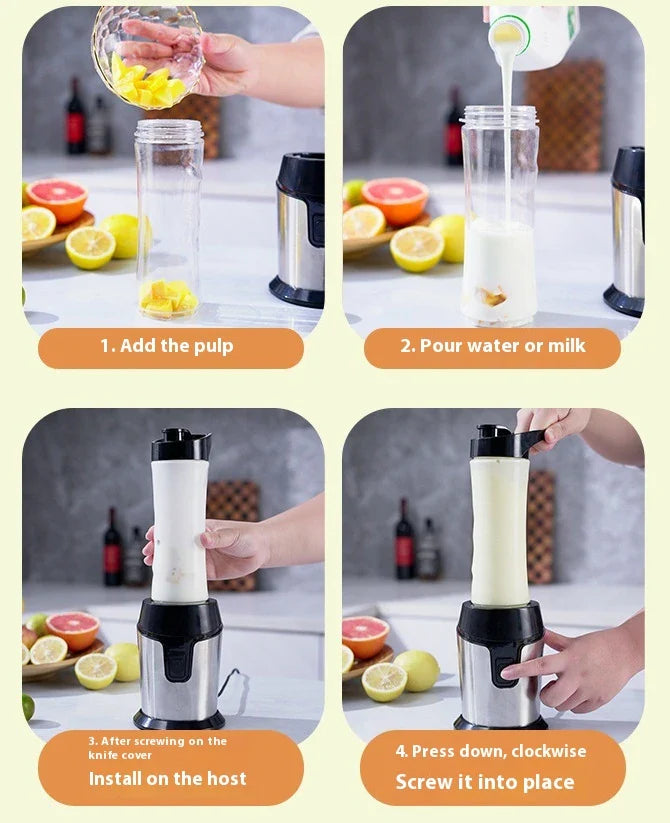 Versatile Juicer and Food Processor with stainless steel construction, compact design, and travel-friendly cup