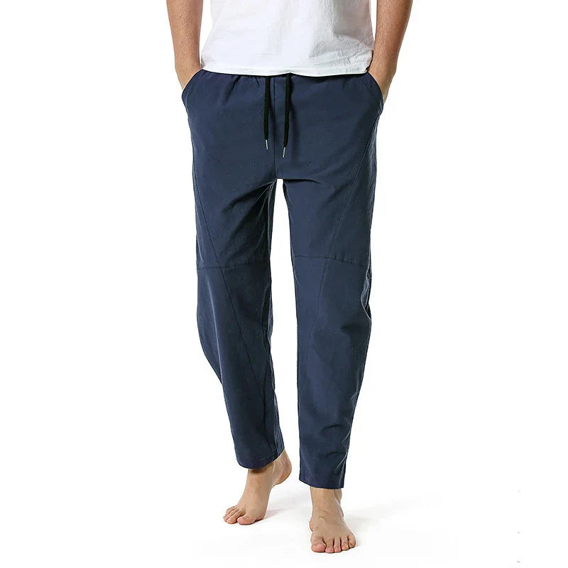 Kiwi-made casual trousers in a linen-cotton blend, featuring a relaxed, straight-leg fit and a variety of classic Kiwi colours.