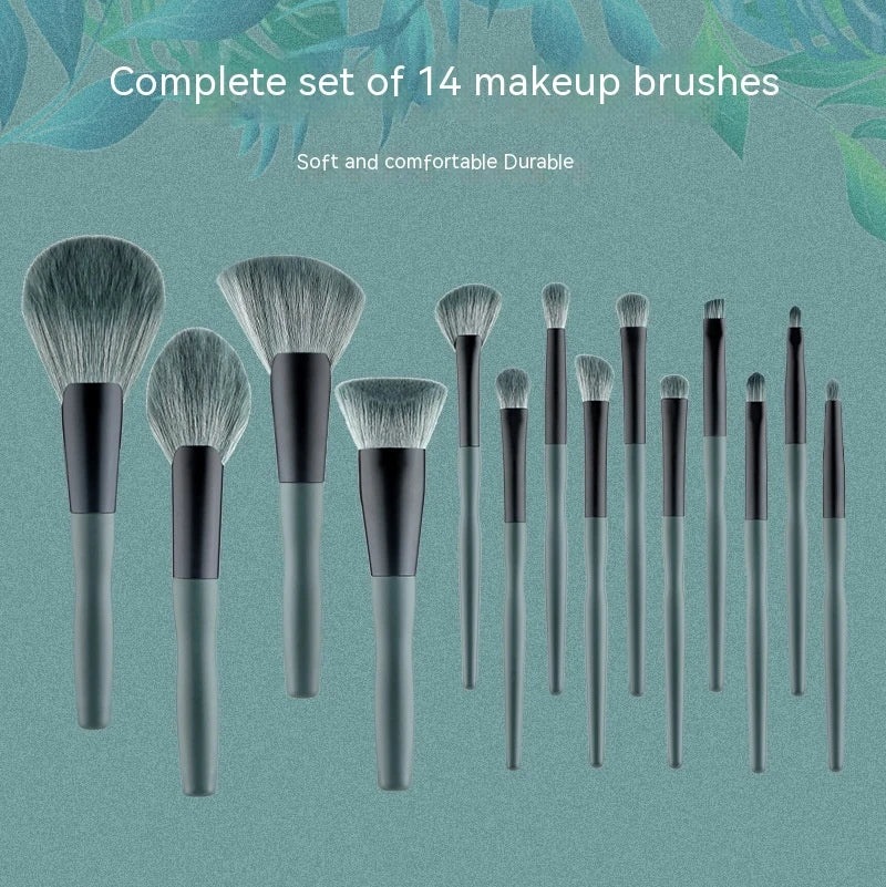 14-piece makeup brush set with banana-shaped wooden handles and premium silk nylon bristles for flawless makeup application