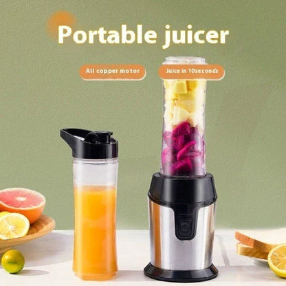 Versatile Juicer and Food Processor with stainless steel construction, compact design, and travel-friendly cup