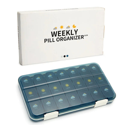 Weekly pill organiser with 28 compartments for storing daily medications, vitamins, and supplements