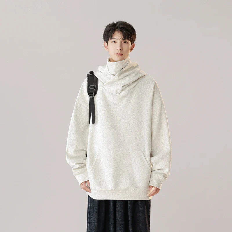 Hooded pullover sweater in snow gray, cloud gray, god gray, and matte black colors with a mechanical-inspired design for men and women