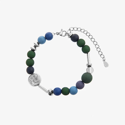 Stylish titanium steel bead bracelet with a vibrant blue patchwork design, a fashionable accessory for Kiwi women