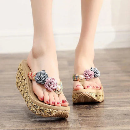 Trendy Bohemian-style platform flip flops with comfortable spongy sole and range of vibrant colors for Kiwi beach style