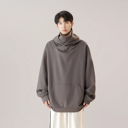 Hooded pullover sweater in snow gray, cloud gray, god gray, and matte black colors with a mechanical-inspired design for men and women