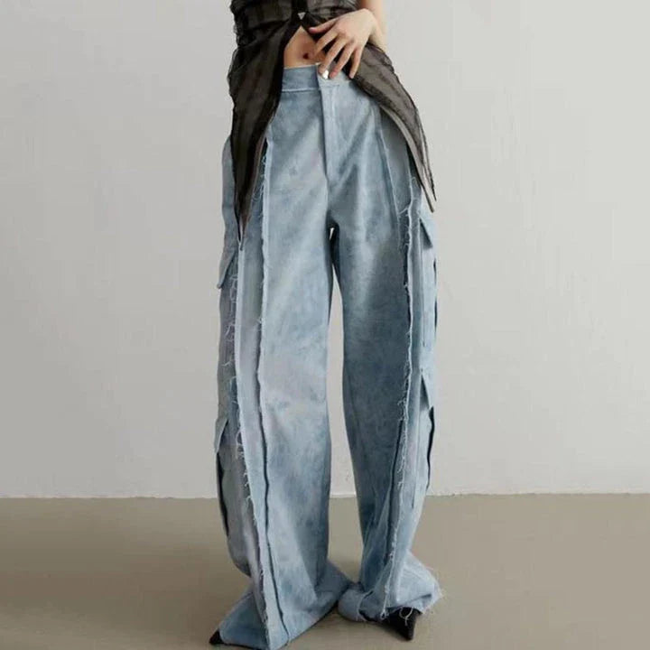 Stylish tie-dye straight-leg denim pants with high-waist design and practical pockets