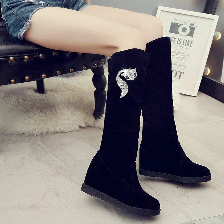 Stylish suede leather women's boots with rhinestone embellishments, featuring a heightening design for a flattering, elongated silhouette