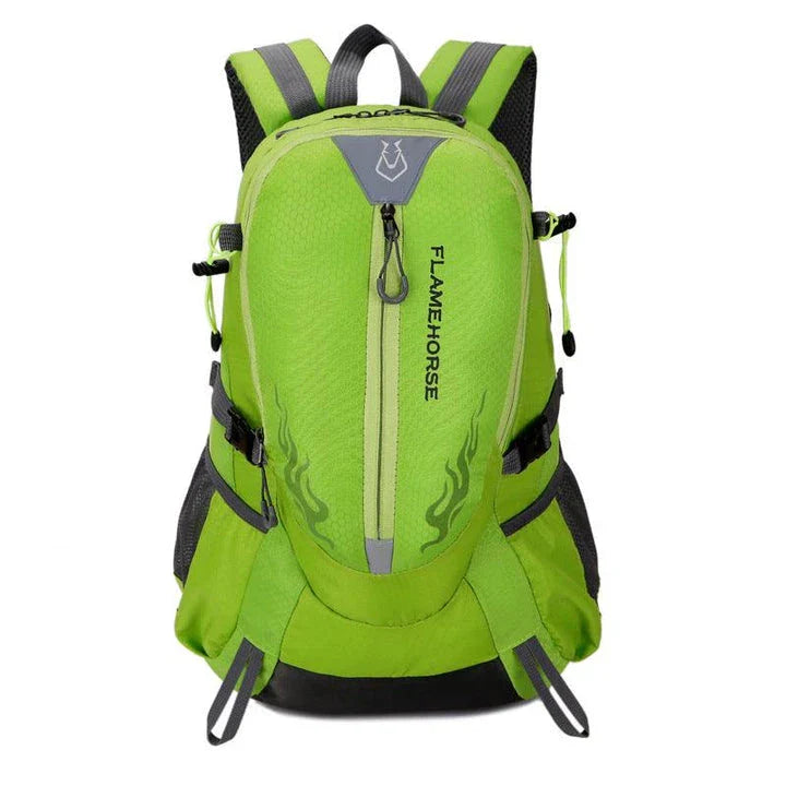 A versatile outdoor backpack made of waterproof nylon, featuring a dedicated laptop compartment, breathable mesh back panel, and adjustable straps for comfort and organization.