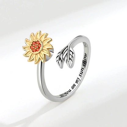 Sunflower-inspired adjustable ring made from premium silver with an electroplated finish