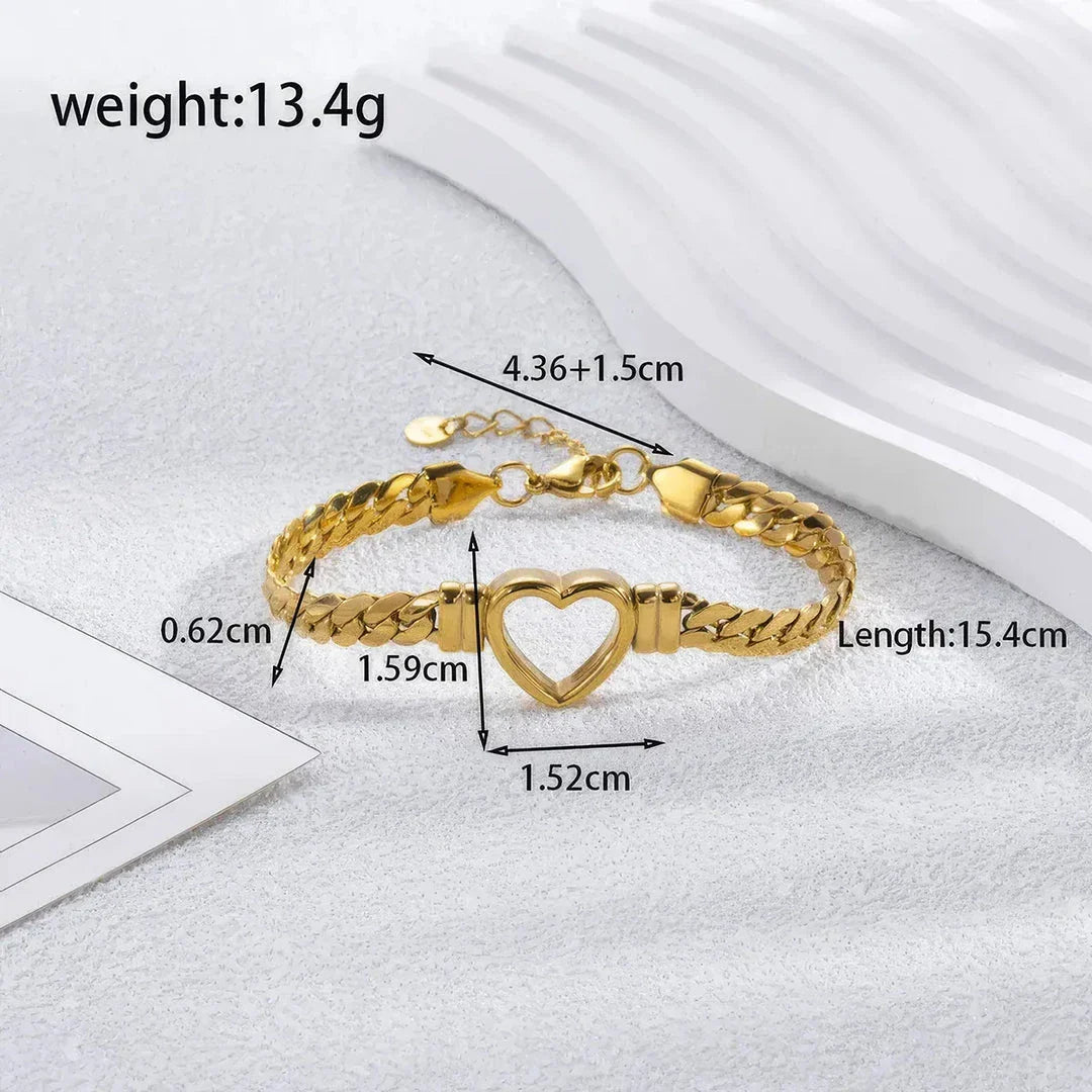 Premium stainless steel love heart Cuban chain bracelet for wrists over 40mm, a stylish accessory with a charming pendant and secure clasp